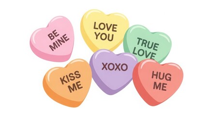 A collection of colorful heart shaped candy conversation hearts with romantic messages isolated on white background