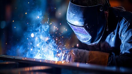 An industrial worker welding metal with sparks flying