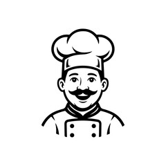 A simple black and white vector avatar of a professional smiling chef or baker wearing a toque hat and uniform. The man has a classic mustache and a friendly expression.