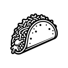 A bold black and white vector icon of a classic taco in a hard shell filled with beef lettuce cheese and salsa. The style is detailed and represents Mexican cuisine.