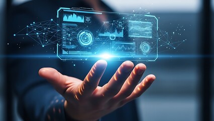 Futuristic Hand Holding Digital Interface Displaying Data Analysis and Information.