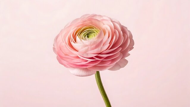 Delicate single pink ranunculus flower with many layered petals blooming on a thin green stem against a soft pastel background - Powered by Adobe