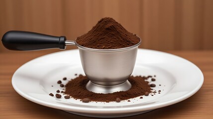 Rich coffee grounds elegantly piled in a silver metal container ready for brewing delicious espresso drinks, a coffee lover's dream come true!