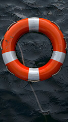 Orange Lifebuoy Floating on Dark Rippling Water