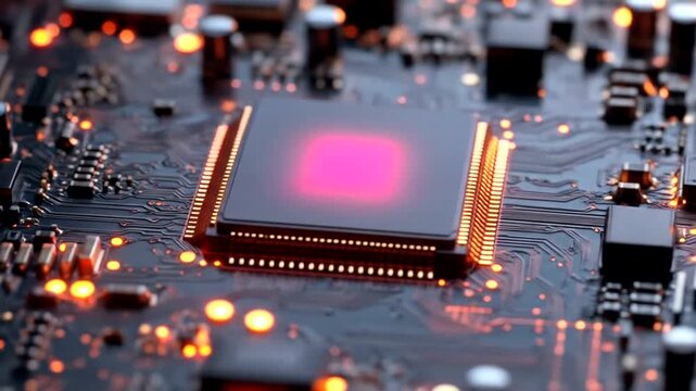 Intricate electronic motherboard with glowing core