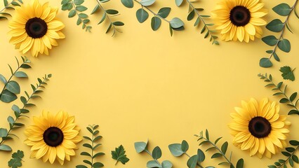 Four bright yellow sunflowers with green eucalyptus leaves forming a decorative border frame on a solid yellow background