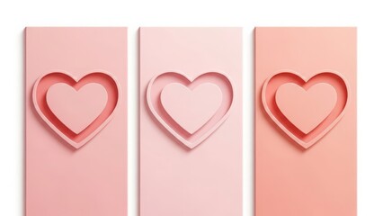 Three pastel colored paper strips with cut out hearts in different shades of pink isolated on white background