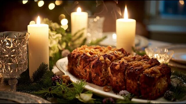 Nut Roast With Pine Garland And Candles