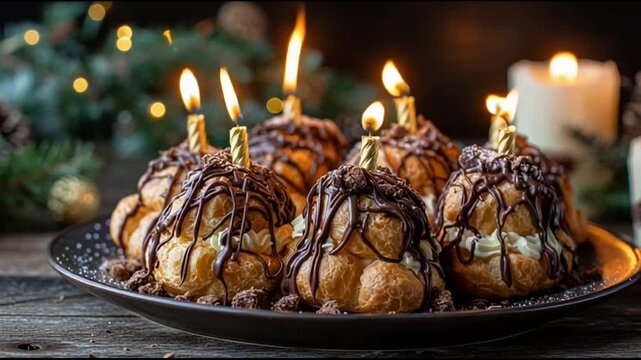Profiteroles With Chocolate Drizzle And Festive Candles