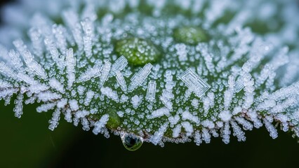 Macro close-up of a green leaf covered in intricate frost crystals and ice droplets, showing winter beauty.