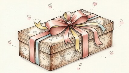 Beautiful ornate gift box with a large pink ribbon bow and decorative elements isolated on white background