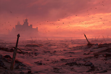 Desolate battlefield at sunset with scorched earth and ruins of war