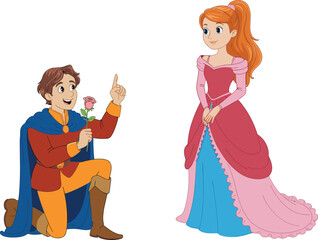 Prince proposing to princess, romance fairytale illustration, rose in hand, royal love scene, storybook characters, fantasy medieval costume, wedding concept, fairy tale art