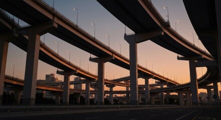 Elevated highway network at sunset.  Concrete support beams and overpasses curve around each other.  Urban cityscape visible below.  Golden hour light casts a warm hue