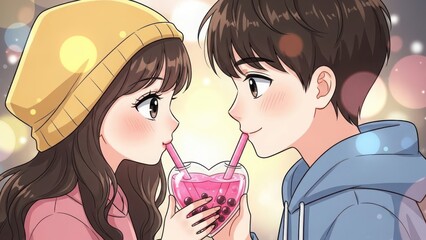 Young anime couple sharing a pink drink through straws with bokeh lights in the background isolated on white background