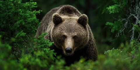 Obraz premium Brown bear emerging from forest looking directly at viewer