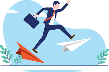 Business jump - Businessman in leap of faith jumping from red paper plane to white paper airplane. Flat design vector illustration with white background