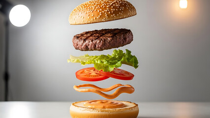 Deconstructed burger ingredients floating in mid air