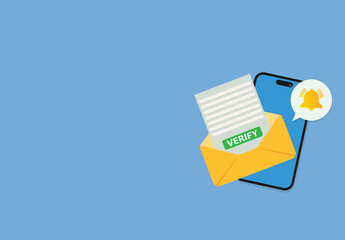 Mobile phone with a bell notification and verify mail. .Reminder on smartphone screen New message notification
