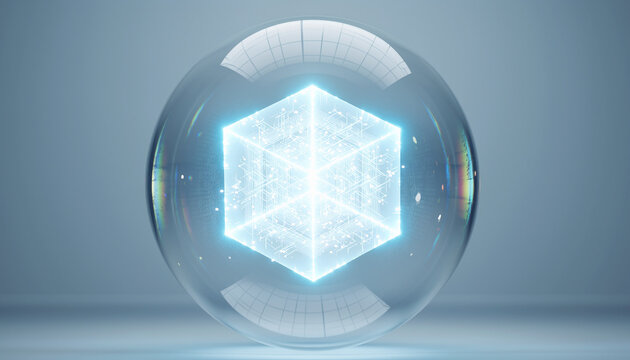 Abstract 3D Render Glowing Geometric Cube Inside a Glass Sphere  Futuristic Digital Art. - Powered by Adobe