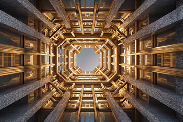 Fototapeta premium Architectural abstract view of a modern building interior looking up with golden accents