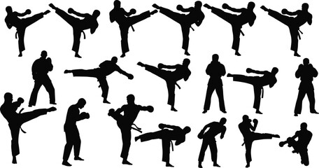 Vector martial arts and kickboxing combat sport silhouette set collection, male fighters performing various high kicks and training poses illustration design.