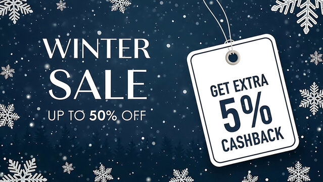 Winter sale announcement with 5 percent cashback offer and snowflakes on dark blue background