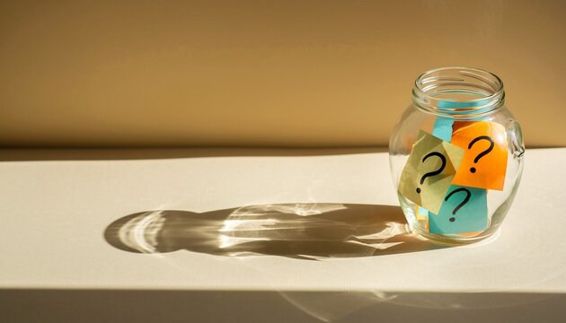 Glass jar filled with colorful question mark notes on a light surface with a long shadow, symbolizing unanswered questions, concept for problem-solving, decision-making and future planning.