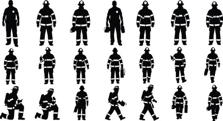 Vector skydiving and parachuting extreme sport silhouette collection, freefall skydiver jumping with open parachute and flying poses set illustration.