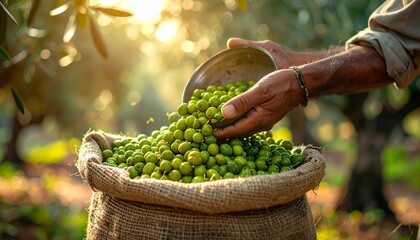 Person harvesting green olives in grove, pouring into burlap sack under warm sunlight with scenic backdrop.