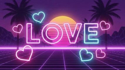 Glowing neon sign spelling love with surrounding hearts in a retro sunset landscape isolated on white background