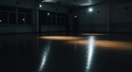Empty dance studio at night, illuminated by spotlights.  Dark wooden floor reflects light