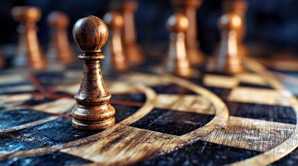 Strategic Chess Mastery: Wooden Pawn Leading on Classic Checkerboard