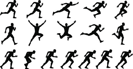 Vector running and sprinting athlete silhouette collection, male figures in various poses for fitness, marathon, athletics, and active lifestyle design.