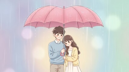 Couple sharing a pink umbrella in the rain with soft bokeh lights isolated on white background