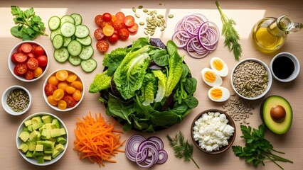 Various vegetables and there are also eggs prepared on the table in preparation for cooking.