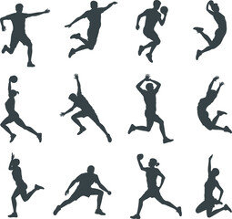Vector sports jump and running silhouette set, dynamic male and female figures jumping and leaping poses for athletics, action, and fitness design
