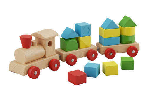 Pristine wooden toy train with light wood, primary blocks, red wheels on gray studio background, meticulous craftsmanship and playful sophistication