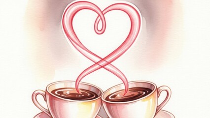 Two cups of coffee with steam forming a heart shape isolated on white background