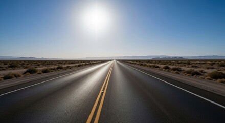 Fototapeta premium Empty highway stretching into a vast desert landscape under a bright sun