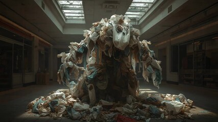 Shifting garments settling into humanoid clothes mound in closed mall under skylights - Powered by Adobe