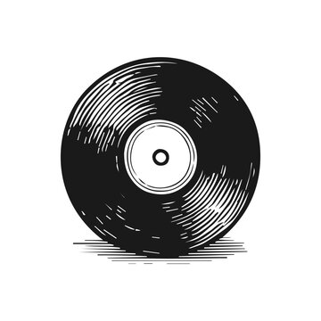 Black vynil record icon. Hand drawn engraved sketch illustration.