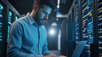 IT Engineer Working on Laptop Inside Modern Data Center Server Room