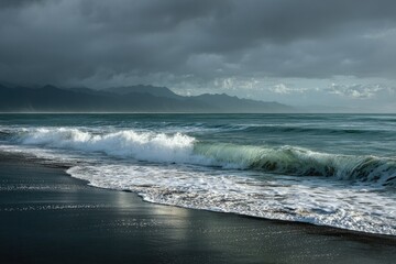 Moody shot of ocean waves breaking on a dark sandy beach with dark stormy clouds and mountains