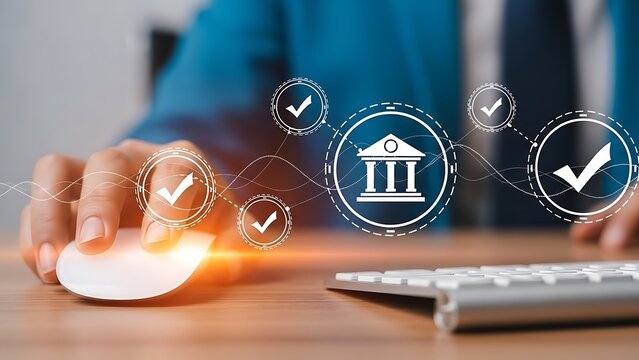 Man using computer mouse with digital banking and finance icons overlay