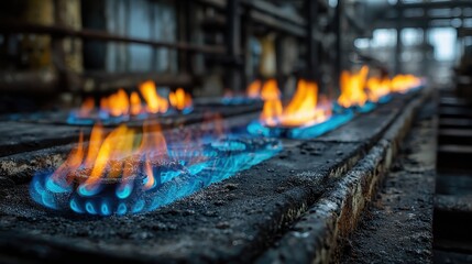 Blue and orange flames burn intensely from an industrial burner line. Use this dynamic image to portray energy, fuel, or manufacturing processes.