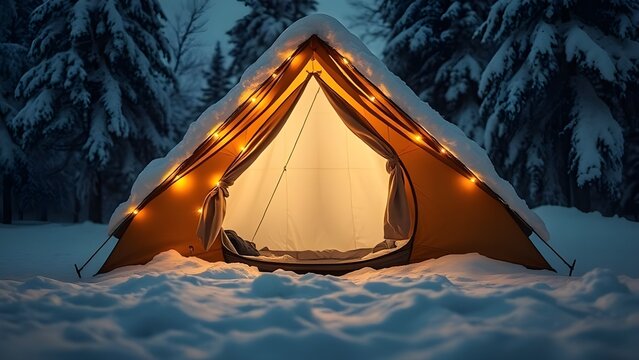 어두운 밤, 눈 쌓인 바닥 위 텐트 내부 조명이 켜져잇다On a dark night, the inside lights of the tent above the snow-covered floor are on