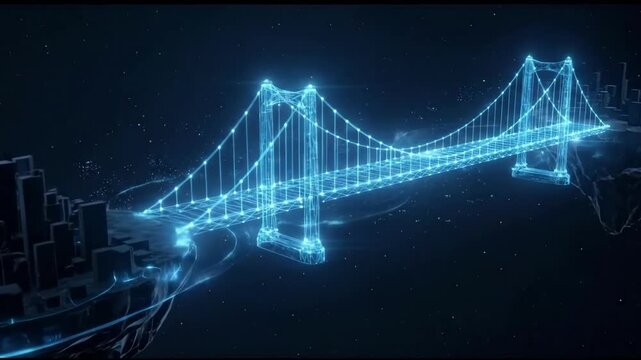 Cinematic 4K Abstract Wireframe Suspension Bridge Forming Between Floating Cyberpunk Cities in Dark Space Animation.