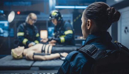 Focused emergency medical team practicing life-saving techniques on a training mannequin in a modern simulation center, concept for medical training, emergency services and healthcare education.