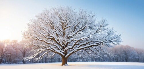 Majestic snow-covered tree standing in a serene winter landscape under a clear blue sky with soft sunlight